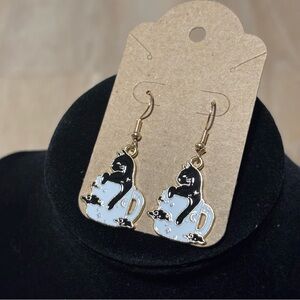 Mystic Black Cat In Cup Dangle Earrings, Quirky Kitty in Coffee Dangle Earrings